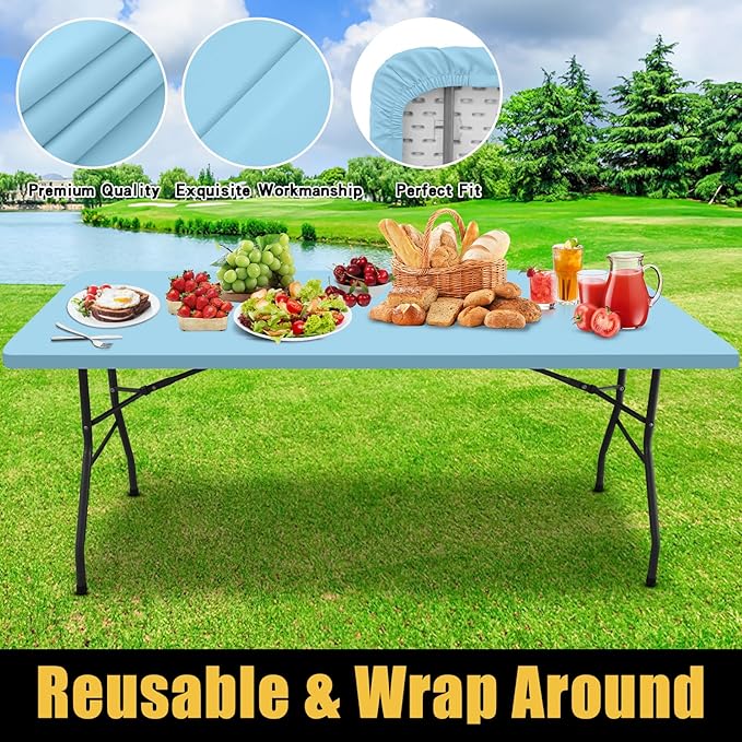 Smiry Rectangle Picnic Table Cloth, Waterproof Elastic Fitted Tablecloths for 4 Foot Tables, Washable Polyester Table Cover for Camping, Indoor and Outdoor (Light Blue, 30"x48")