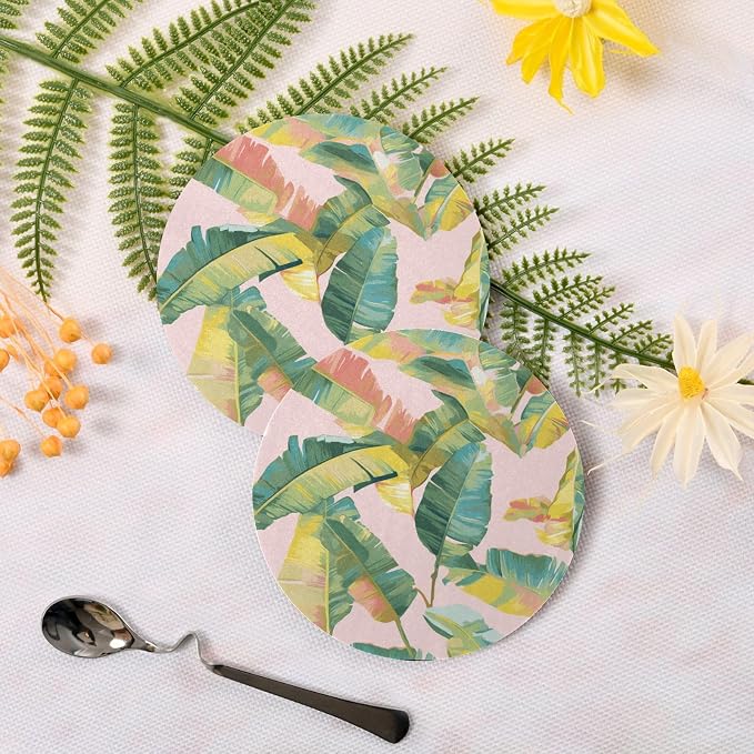 Tropical Banana Leaf Round Coaster 4 Pcs Cork Placemats Hot Pads - Image 3