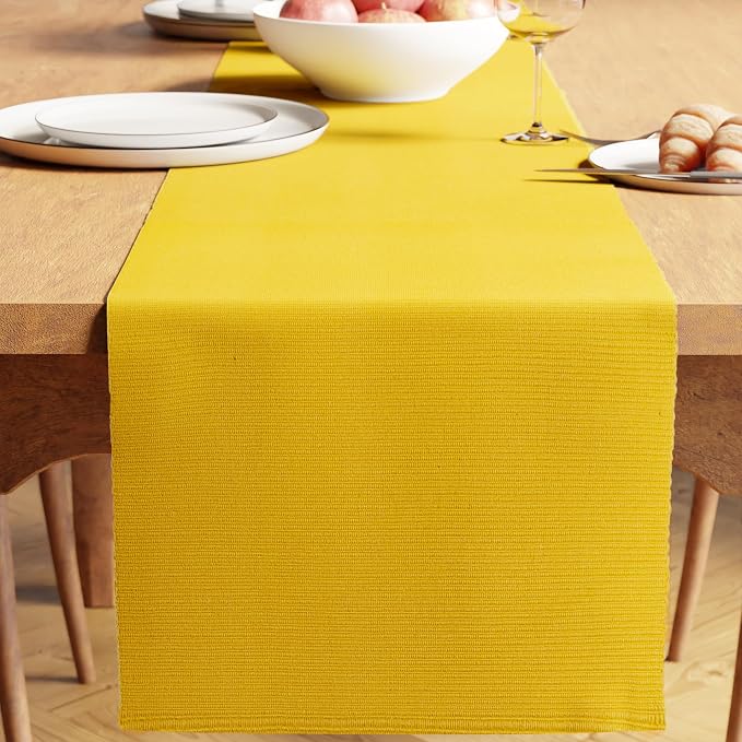 Encasa XO Table Runner, Yarn Dyed Ribbed Cotton 13"x72" | Yellow, 12-Ply Yarns by EncasaXO