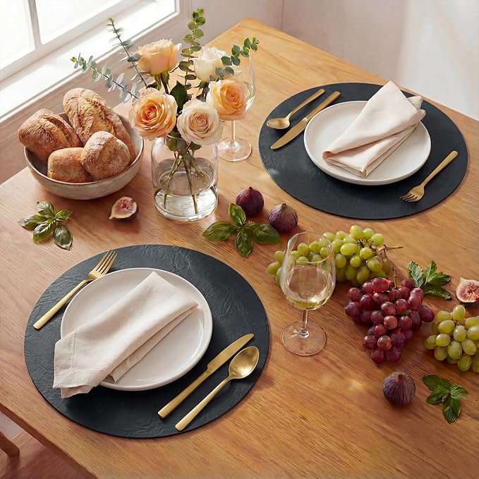 Artoid Mode Black Faux Leather Placemats Set of 4, 15 Inch Waterproof Wipeable Heat Resistant Vinyl Place Mats, Reversible Table Mats for Kitchen Dining Decor