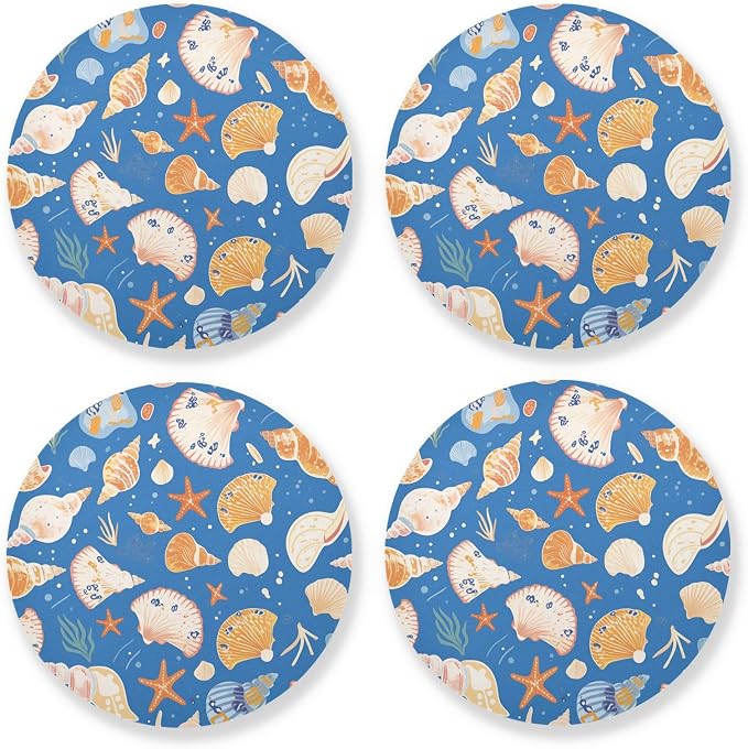 Seashells Different Shapes and Starfish Aesthetic Coaster 4 Pcs Corkboard by KLL