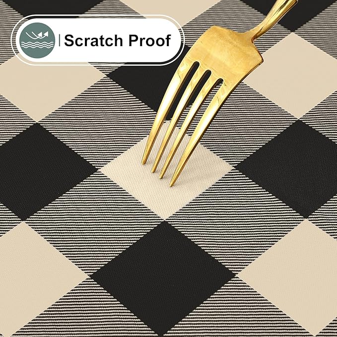misaya Rectangle Waterproof Vinyl Table Cloth, Buffalo Flannel Backed Tablecloth, Wipeable Plastic Table Cover for Dinner, Kitchen, Outdoor (60" x 102", Black and Beige)