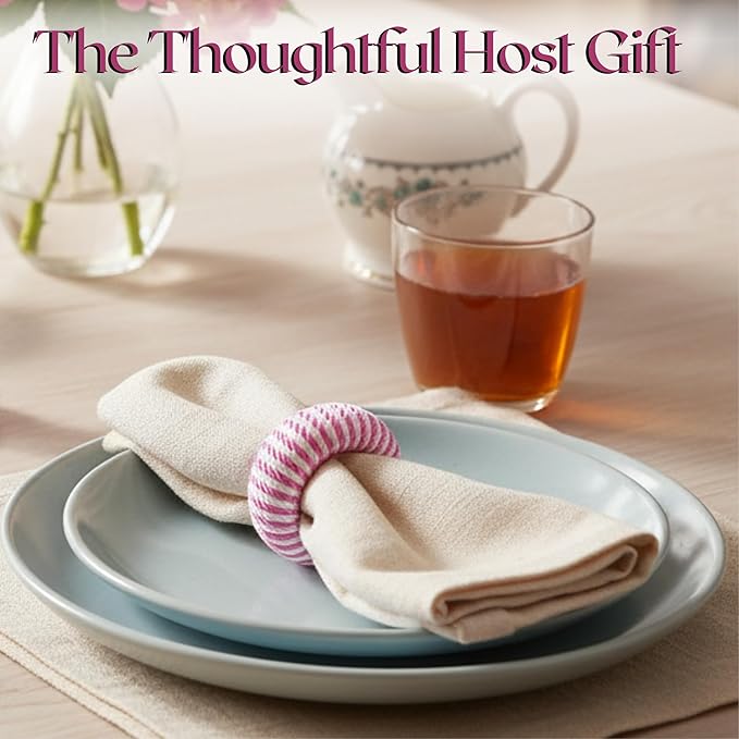 ALPHA Living HOME Napkin Rings Set - 12-Piece Elegant Round Plastic & Rayon Napkin Holders for Dining Table Decor, for Wedding, Party, Holiday, Banquet, Kitchen, Everyday Use (Pink White)