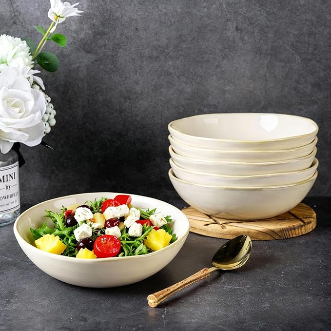 AmorArc Ceramic Cereal Bowls Set of 6, 24 oz Handmade Stoneware Bowls Set for Cereal Soup Salad, Stylish Kitchen bowls for Meal, Dishwasher & Microwave Safe, Reactive Glaze-Vanilla