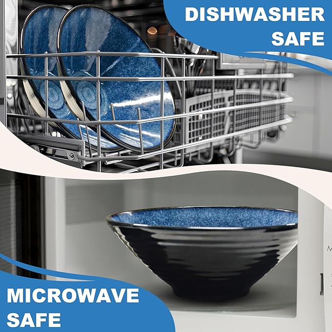 9.4-Inch 2 Sets Ceramic Ramen Bowl (8 Piece) - Japanese Porcelain Dishwasher Microwave Safe Salad Noodles Cereal Pasta Soup Large Bowls with Chopsticks Forks Spoons for Men Women Housewarming Gift