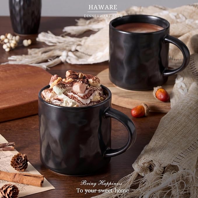 HaWare Coffee Mugs Set of 4, 14 Ounce, Matte Black | Stoneware Latte Cups - Image 7