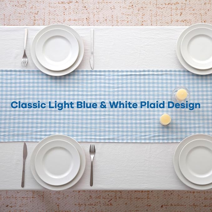 Light Blue White Plaid Gingham Ruffle Table Runner 72 inches Long 100% Washed - Image 4