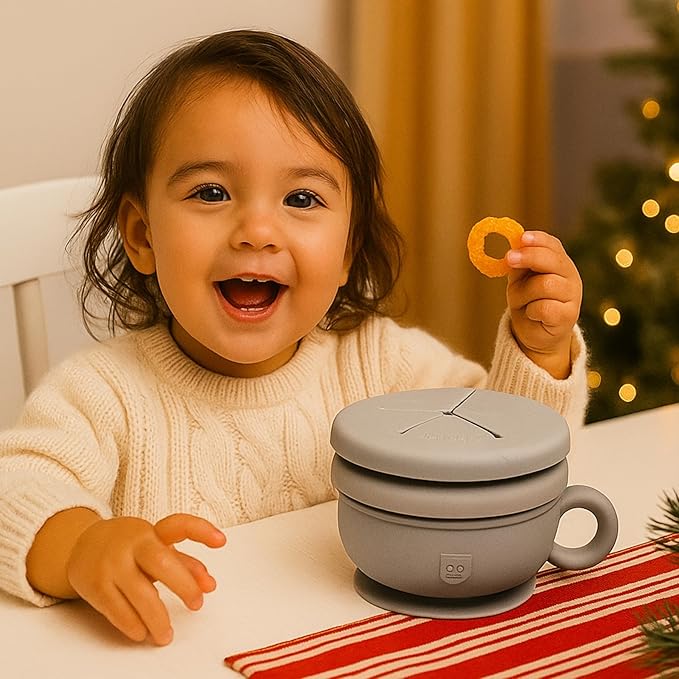 TalkTools Itsy Bowl with Locking Lid - Platinum grade silicone with Volume Lines, Curved Walls for Easy Scooping - for Babies, Toddlers, Children, and Elderly - Snack Cup Lid Accessory (Ocean)