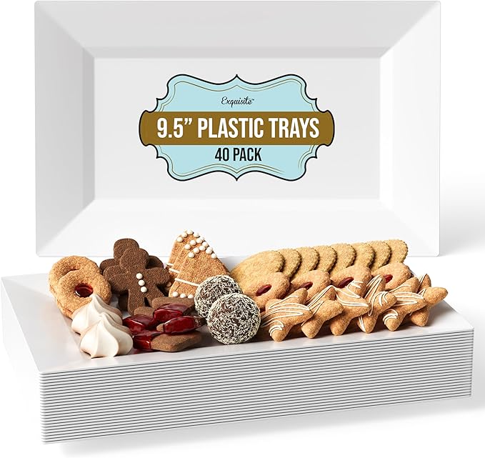 Exquisite Plastic Serving Trays For Party - 40 Pcs 9.5 Inch White Serving Platters, Disposable Party Trays For Food, Catering & Buffet