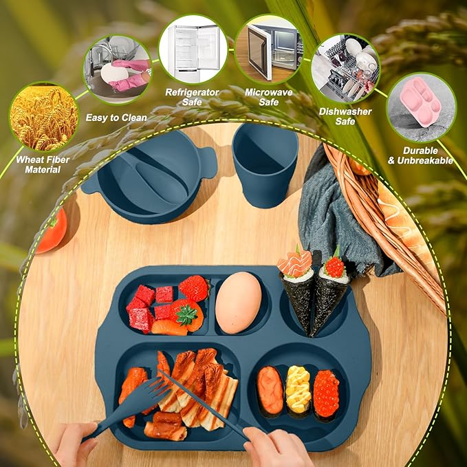 Tanlade 24 Pcs Wheat Straw Dinnerware Cutlery Sets, Divided Plates Unbreakable Bowl Microwave Dishwasher Safe Tableware Cutlery Spoon Knife Fork Cup(Dark Blue)