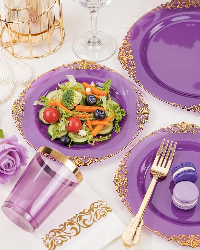 Nervure 350Pcs Purple Plastic Plates, Plastic Dinnerware Set - Image 7