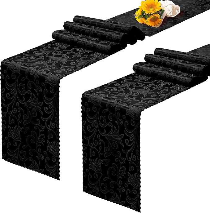 RUDONG M Black Satin Table Runners, 12 x 108 Inch, 2 Pack | Long Silky Damask by RUDONG+M