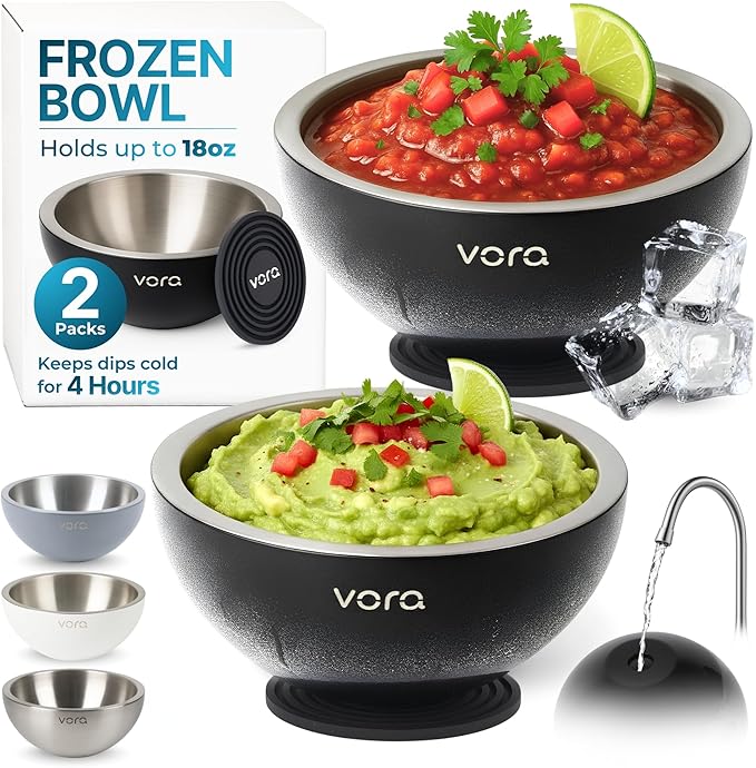 Vora 18oz Dip Chiller Bowl | 2 Pack Black Stainless Steel Chilled Dip Bowl for Dips, Guacamole, Hummus, Salsa | Insulated Serving Dishes with Easiest Water Fill & Refillable Chamber