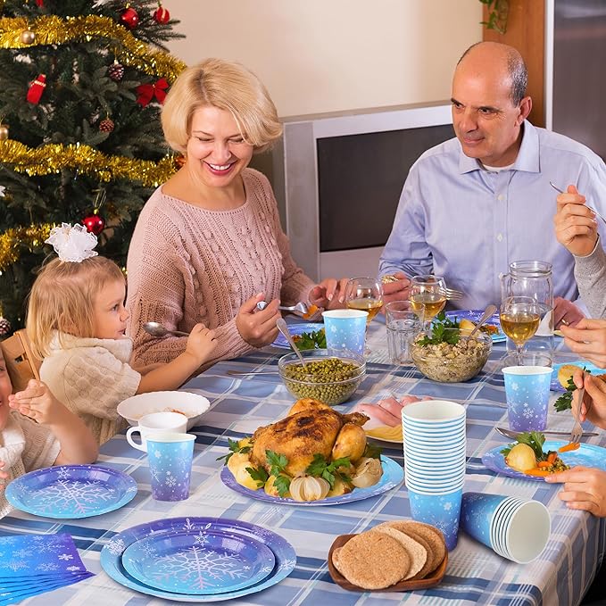 Kochorie 96 Pieces Frozen Iridescent Winter Snowflake Birthday Party Supplies Snowflake Tableware Set Disposable Paper Plates Cups Napkins Serve 24 Guests for Christmas Winter Wonderland Decorations