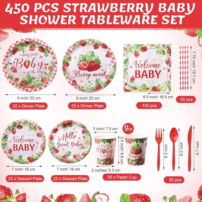 450 Pcs Strawberry Baby Shower Tableware Set Decoration, Serves 50 | A Berry - Image 2