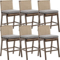 Mid Century Modern Counter Height Barstools Set of 6, 27” Linen Upholstered Counter Stools with Rope Woven Back Wooden Farmhouse Bar Stools for Kitchen Island Dining Room,Grey