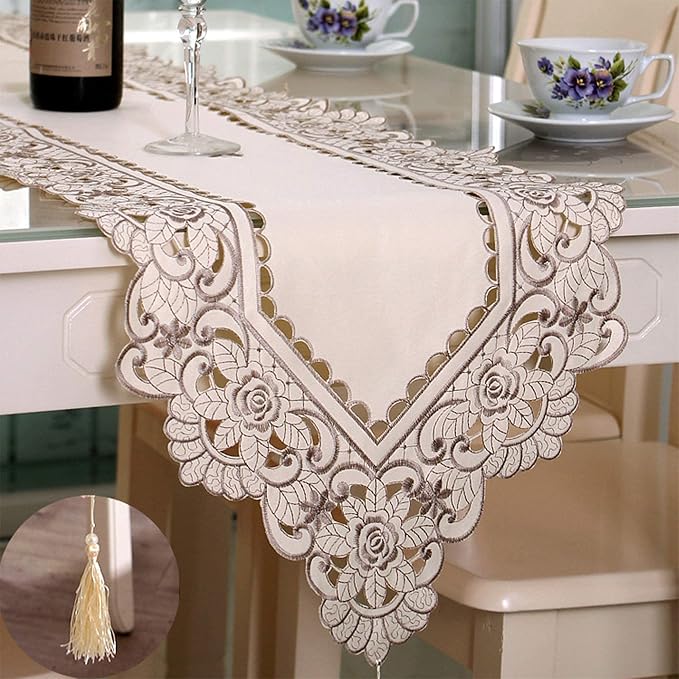 Embroidered Lace Table Runner, Arzoe Elegant Vintage Mantel Scarf, Dresser - Image 6