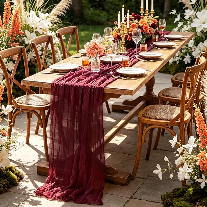 6Pcs Burgundy Table Runner, 10FT Boho Rustic Burgundy Maroon Table Runner - Image 5