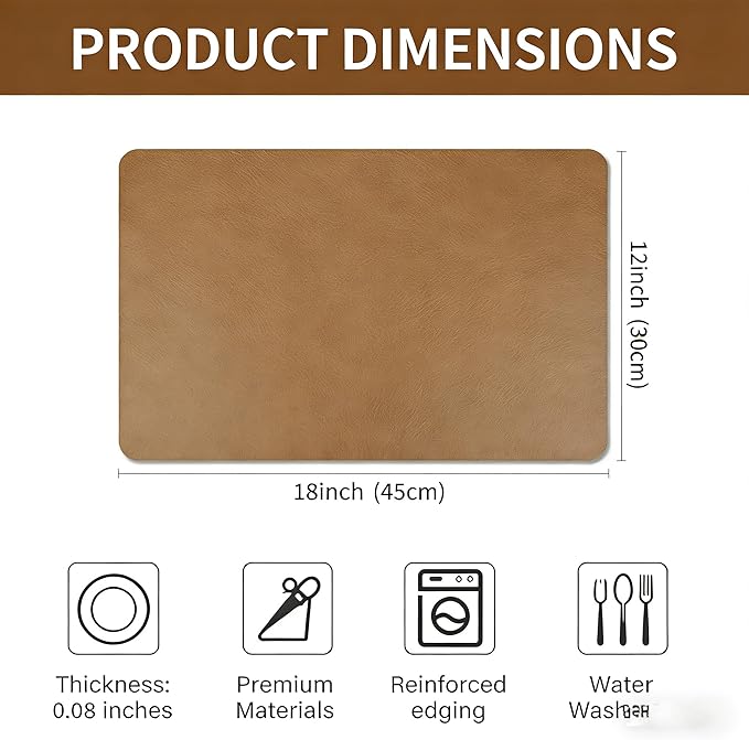 Faux Leather Placemats Set of 6, 18×12 Inch Waterproof Wipeable PU Place Mats Heat Resistant Anti Slip Dining Table Place Mats for Kitchen Dining Indoor & Outdoor Use (Light Brown)