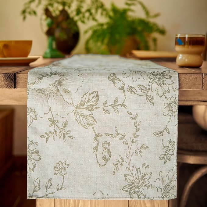 jinchan Green Floral Linen Table Runner 13 x 90 Inch Farmhouse | Rustic - Image 4
