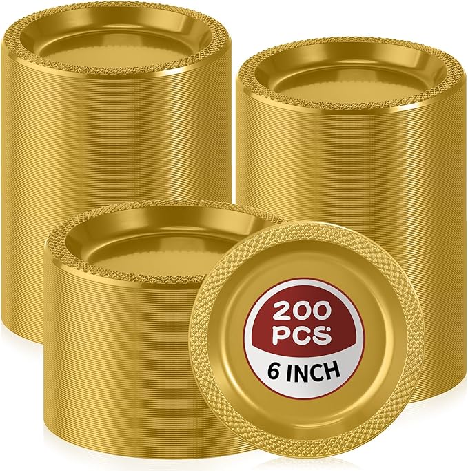 Zopeal 200 Pcs Gold Plastic Dessert Plates 6 Inch Round Gold Disposable Plates Heavy Duty Wedding Dinner Tableware for Birthday Party Dinner Picnic Salad, Appetizer Party Supplies