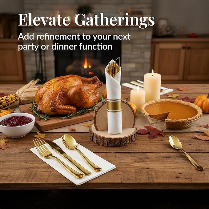 Prestee 400 Pieces Gold Silverware Set for 100 Guests - Premium Pre Rolled Disposable Plastic Silverware Set with Napkins - Wrapped Utensils with Forks, Knives, Spoons, Napkins for Weddings and Events
