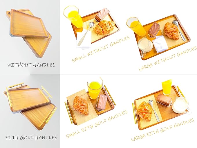 Bamboo Serving Tray with Gold Handles - Small Wood Serving Tray for Breakfast in Bed, Coffee Table, Dinner & bar - Decorative Bed Table Tray for Kitchen or Bedroom（11.8" x 7.5" x 2"）