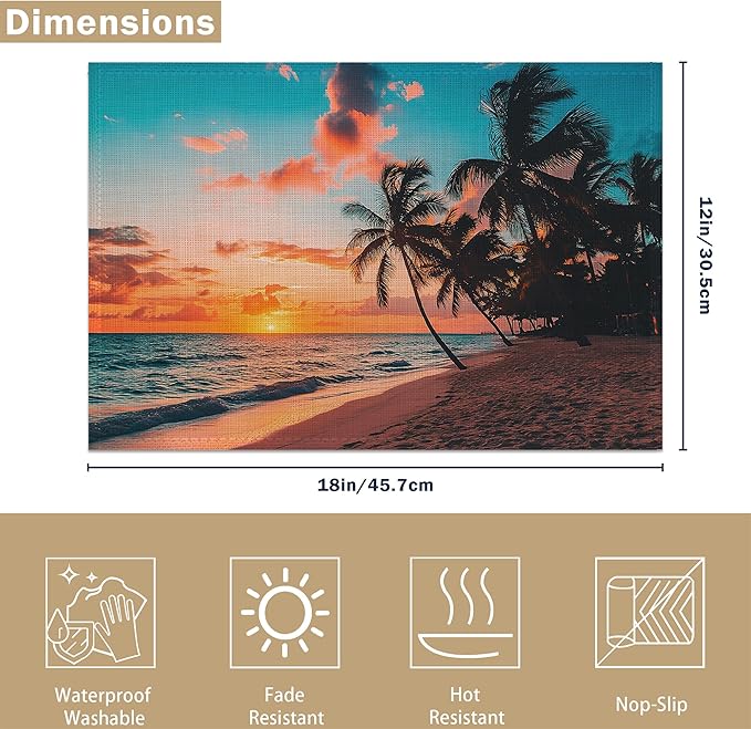 Sunset Trees Sea Beach Placemats, Tropical Palm Placemats 12x18 Inch Waterproof Non-Slip Washable Table Mats for Kitchen Dining Party Table Decor,Set of 6