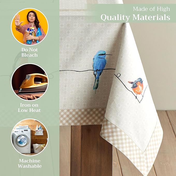 Maison d' Hermine Table Cloth Square Table 100% Cotton 60 x 60 Inches Tablecloth Reusable Decorative for Dining Room Farmhouse Home Valentines Day Decorations Spring Summer - Birdies on Wire