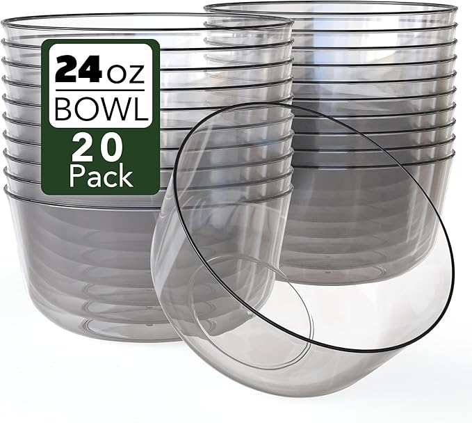 Trendables Plastic Bowls Disposable Bowls 24 Oz Bowl Set Of 20 Clear Black Rimmed Fancy Plastic Serving Dishes Perfect for Parties and Events Disposable Candy Bowl