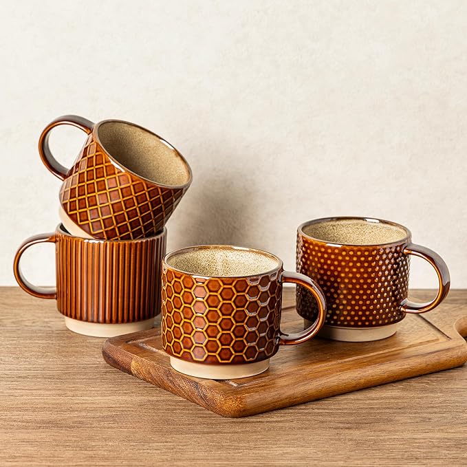 GBhome 12 OZ Stackable Coffee Mugs Set of 4, Ceramic Coffee Cups Set | 4 by GBhome