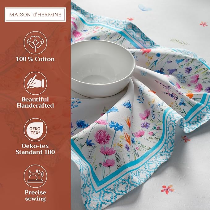 Maison d' Hermine Cloth Napkins Set of 4 100% Cotton Everyday Reusable Square Napkins Cloth Washable Dinner Wedding Restaurant Valentines Day Decorations Spring/Summer (Flower In The Field, 20" x 20")
