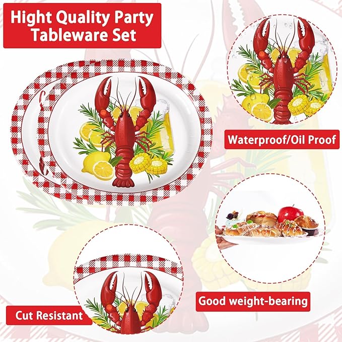 Grencian 50 Pcs Crawfish Boil Party Supplies 10” x 12” Lobster Boil Oval Paper Plates Large Disposable Crawfish Red Gingham Tableware Set for Baby Shower BBQ Summer Picnic Barbecue Cookout Carnival