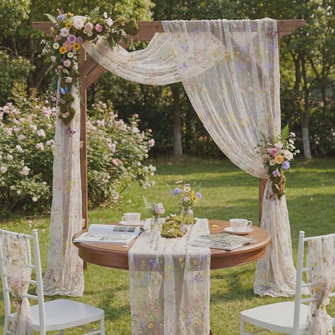 Ivory White Floral Table Runner 10ft Embroidery Tulle Spring Wildflower Table - Image 3