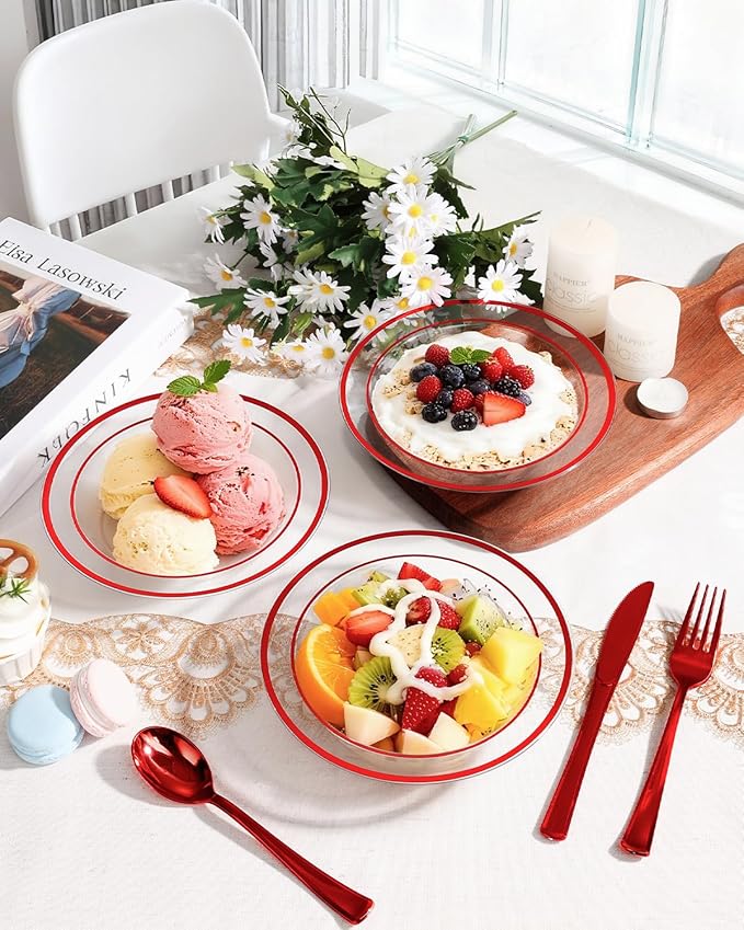 BESTSTAR 100 Pack clear Plastic Bowls with Red Rim, 12oz Disposable Soup Bowls, Heavy Duty Dessert Bowls for Christmas, Parties, Dinners, Catering, Thanksgiving