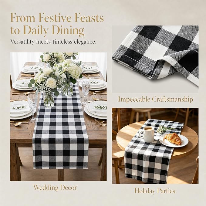 ShinyBeauty Gingham Table Runner 13x72 Black White Buffalo Plaid | Soft Cotton - Image 4