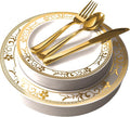 125-Piece White and Gold Floral Fancy Plastic Plates Disposable by StockYourHome