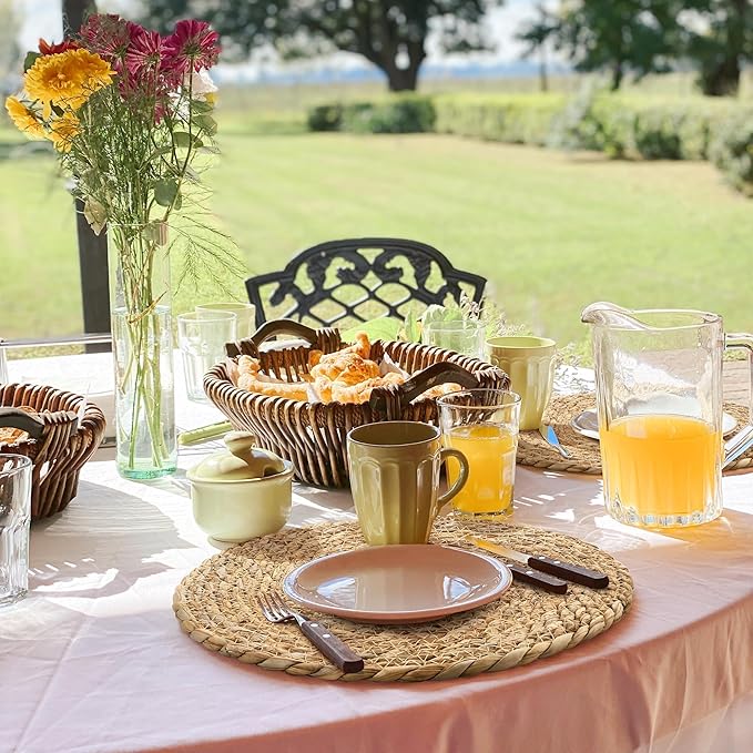 Aneco 24 Pack 12-Inch Round Woven Placemats Natural Hand-Woven Boho Rattan Wicker Bulrush Placemat Farmhouse Rustic Braided Table Mats for Dining & Kitchen Decor
