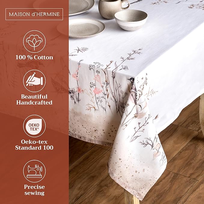Maison d' Hermine Table Cloth Rectangle Table 100% Cotton 60 x 90 Inches Tablecloth Reusable Decorative for Dining Room Farmhouse Home Valentines Day Decorations Spring Summer - Meadow Florals - Brown