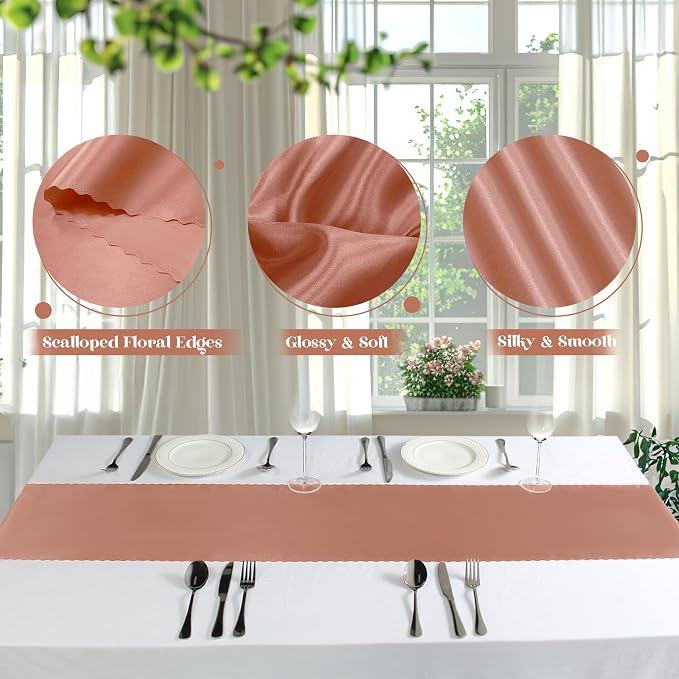 VACVELT Rose Gold Satin Table Runners, 12x72 Inch, 2 Pack, Scalloped Edge | - Image 6