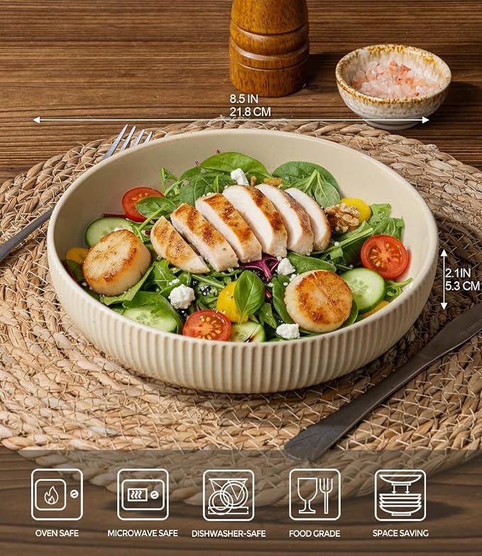 8.5" Ceramic Pasta Bowls Set of 4, Salad Bowls | Versatile Serving Bowls - Image 2