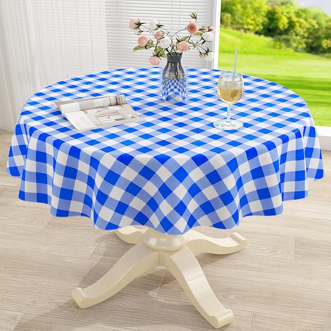 misaya Round Waterproof Vinyl Table Cloth, Buffalo Flannel Backed Tablecloth, Wipeable Plastic Table Cover for Dinner, Kitchen, Picnic (60", White and Blue)