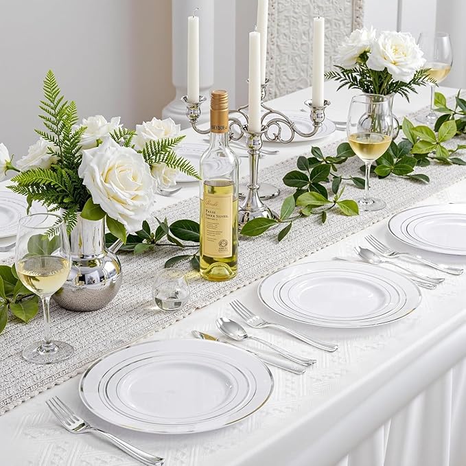 WDF 120PCS Plastic Plates White Silver Rim - Disposable Plates including 60PCS for Dinner 10.25inch, 60 Salad/Dessert Plates 7.5inch Heavy Duty Wedding Party Birthday