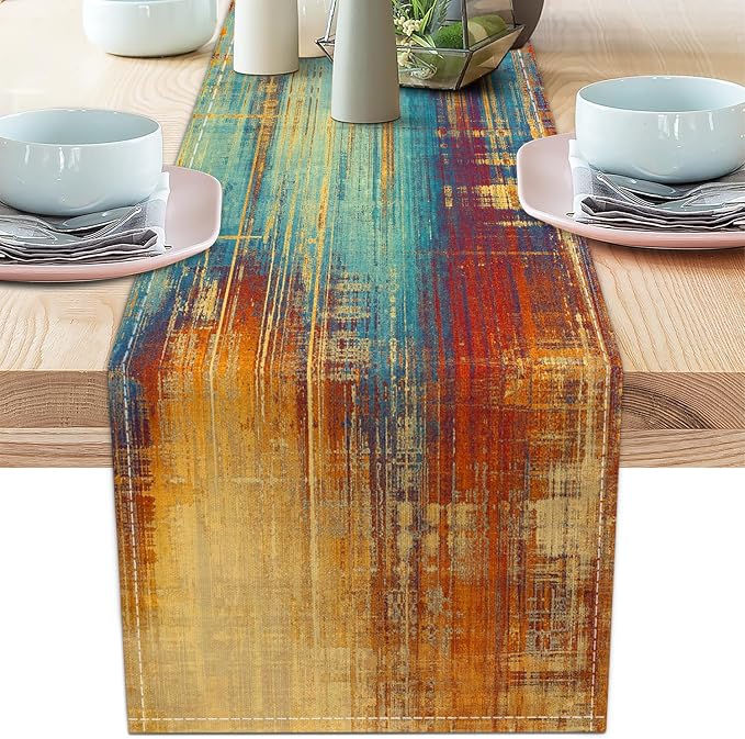 Burnt Orange Farmhouse Table Runner Vintage Abstract Blue and Orange Table by AILUER