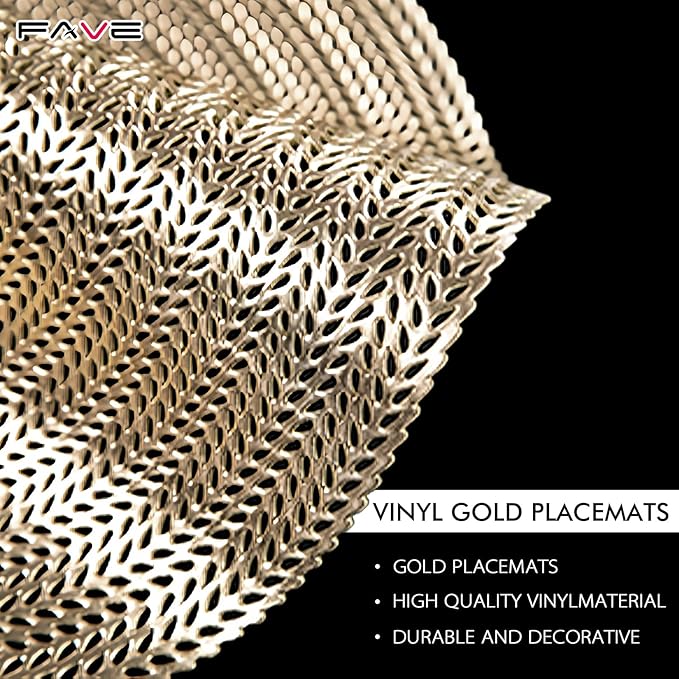 FAVE 6PCS Gold Vinyl Round Placemats, Wheat Sheaf Design 15 Inch Placemats Set of 6 Washable for Dining, Events, Banquet, Home & Daily Use (Gold Wheat,6pcs)