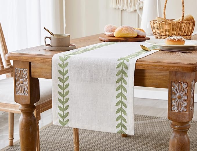 Embroidered Table Runner, Light Green Table Runners 60 Inches Long | Linen - Image 7