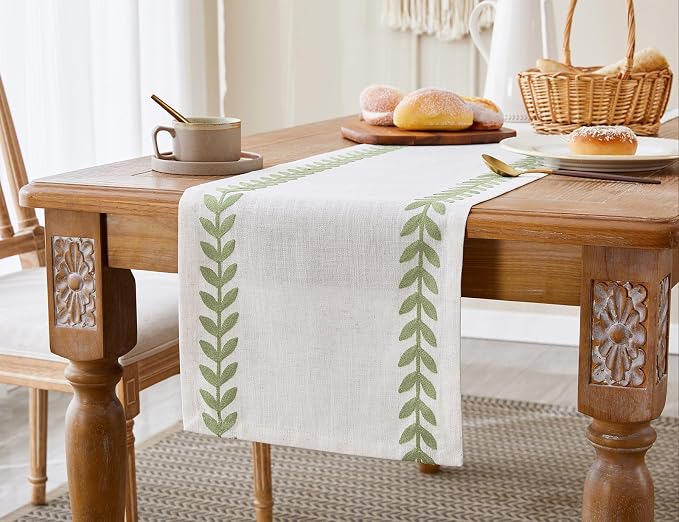 Wracra Embroidered Table Runner, Sage Green Table Runners 90 Inches Long | - Image 6