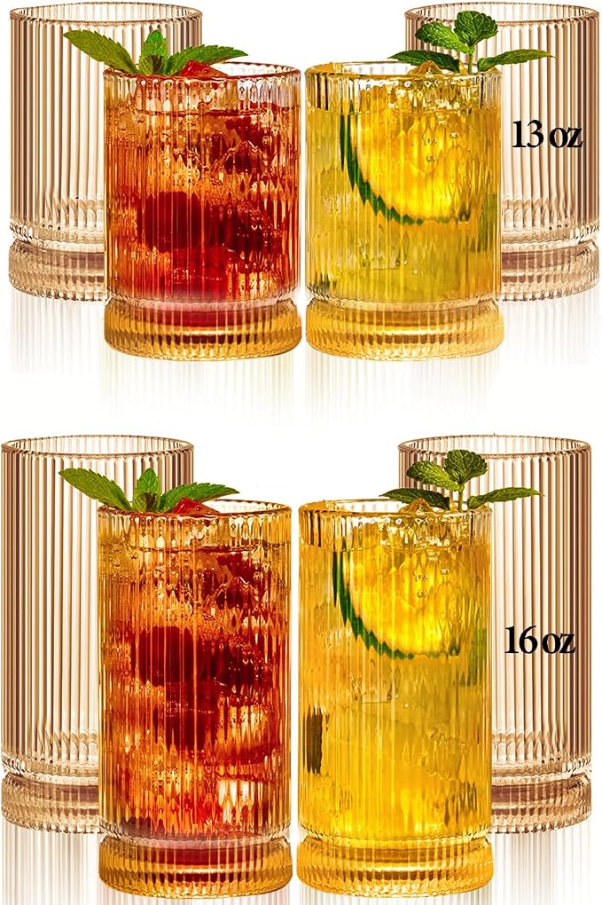 Amber Glassware Ribbed Drinking Glasses Set of 8, Vintage Glassware Set by Megarte