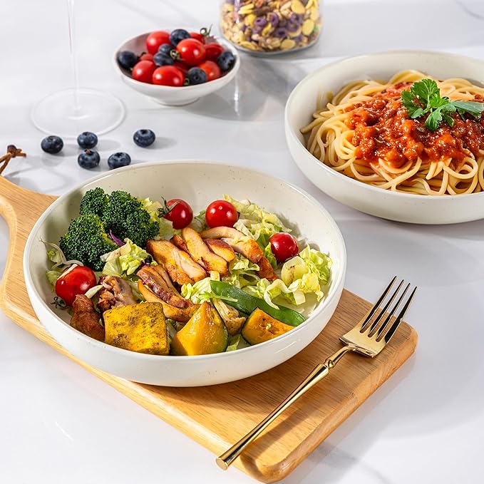 AmorArc 8.75'' Large Ceramic Pasta Bowls, 36oz Handpainted Stoneware Bowls Set of 4, Microwave&Dishwasher Safe Bowls with Wavy Rim&Rustic Terracotta Underside for Pasta Salad, Light Beige