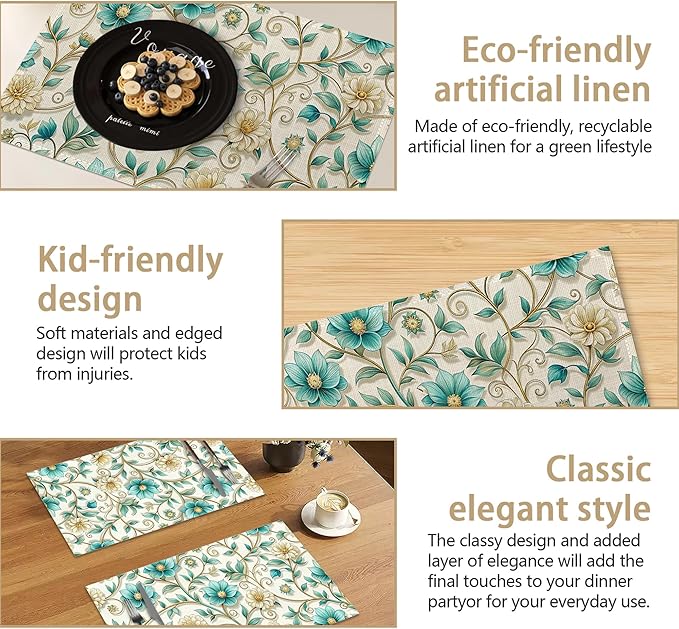 Abstract Gold Flower Placemats Set of 6, Linen Washable for Christmas, Thanksgiving, Party, and Daily Dining, Decorative Table Mats for 4-6 Person Table